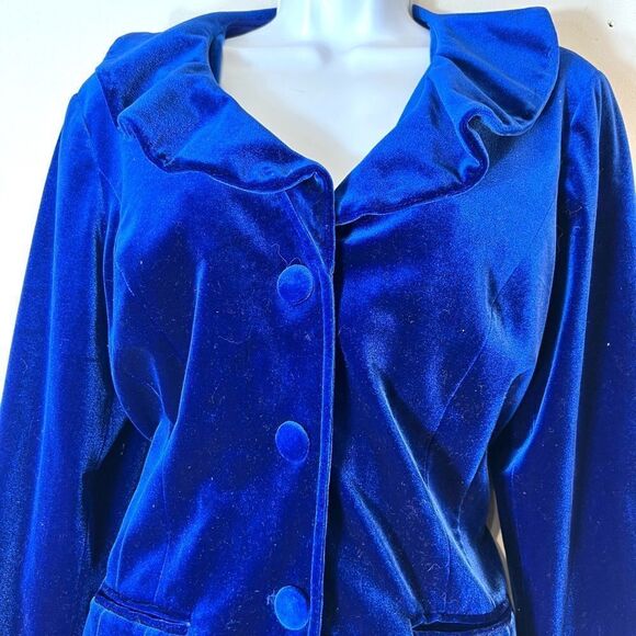 🌸Dialogue Royal Blue Ruffled Collar Velvet Jacket Blazer Size Small (AA4) - Picture 4 of 10